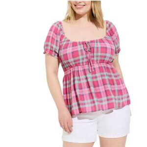 Torrid Womens Crinkle Gauze Tie Front Babydoll Top in Pink Plaid Plus 4X